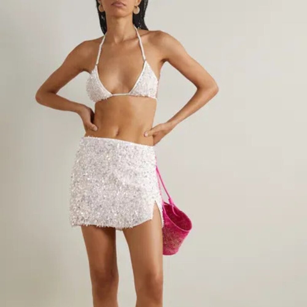 LESLIE AMON Crushed Shell Embellished Bikini Top and Mini Skirt SIZE SM